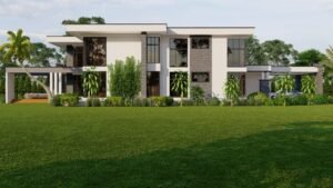 Contemporary house with lush green landscape and palm trees.