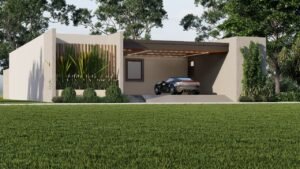 Modern home exterior featuring a sleek car and lush greenery.