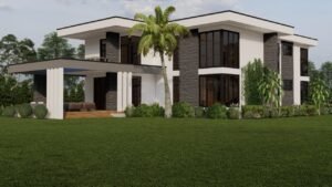 Contemporary house with large windows and landscaped garden.