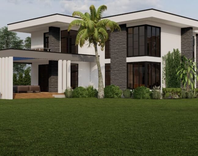 Contemporary house with large windows and landscaped garden.