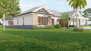 A modern house with spacious lawn and green surroundings.