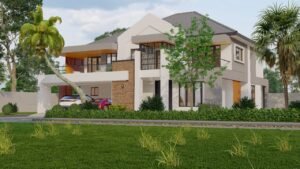 A modern house with lush greenery and clear skies.