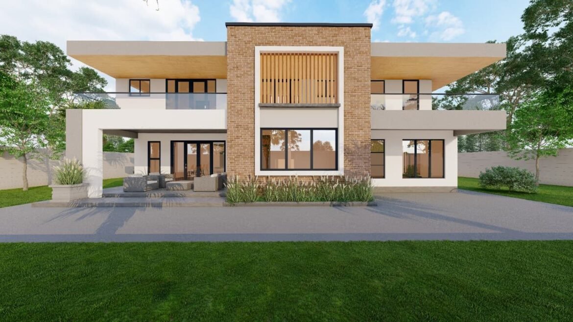 Contemporary house with large windows and an open patio.