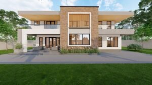 Contemporary house with large windows and an open patio.