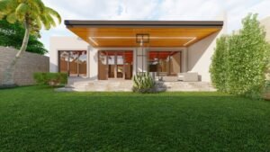Modern house exterior with lush green lawn and palm trees.