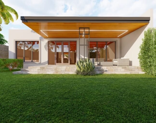 Modern house exterior with lush green lawn and palm trees.