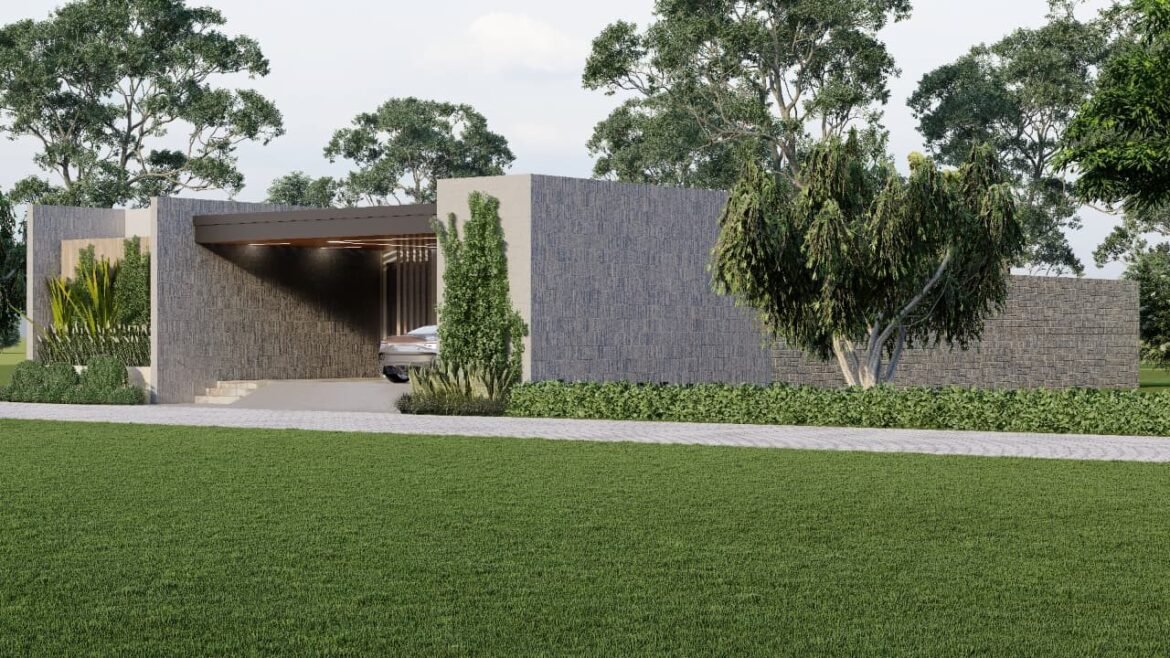 Modern house exterior with a driveway and greenery.