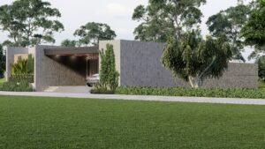 Modern house exterior with a driveway and greenery.