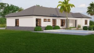 Modern house with a pool and landscaped lawn.