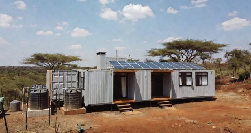 Solar Container Home Modern container home with solar panels in a rural setting.