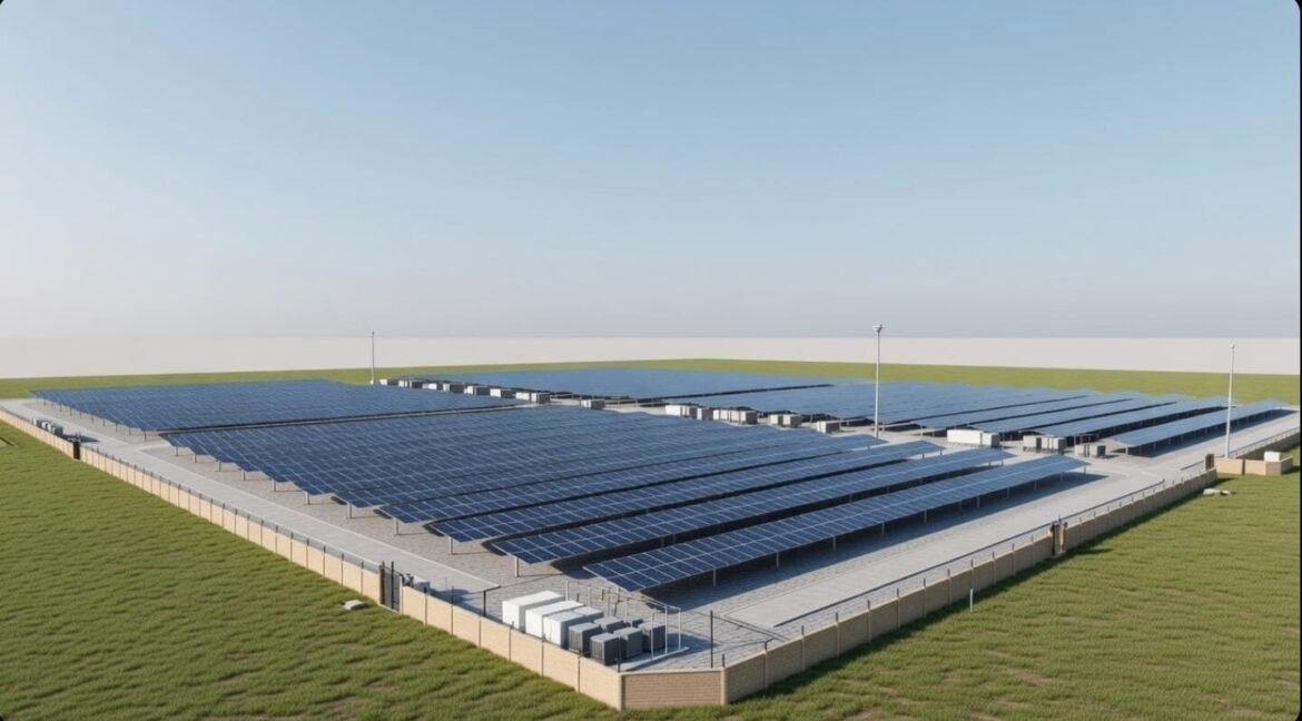 Expansive solar panel farm under clear blue sky.