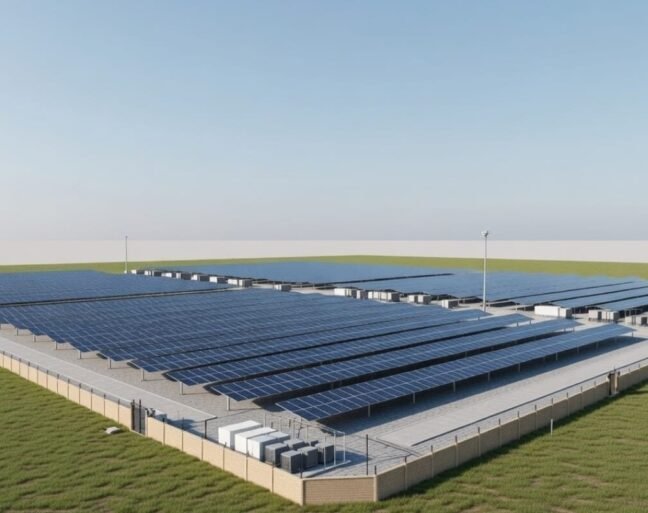 Expansive solar panel farm under clear blue sky.