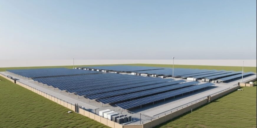 Solar Panel Farm Expansive solar panel farm under clear blue sky.