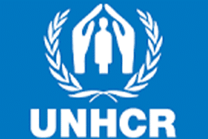 UNHCR logo with two hands and a figure.