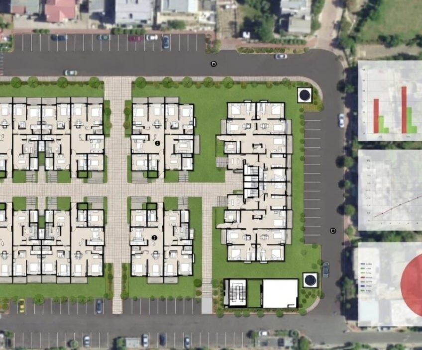 Architectural site plan with green spaces and statistical charts.