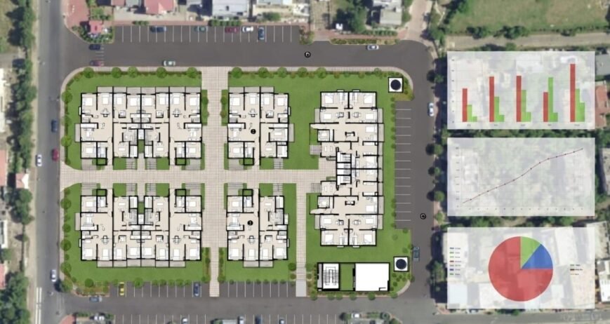Architectural Plan With Charts Architectural site plan with green spaces and statistical charts.