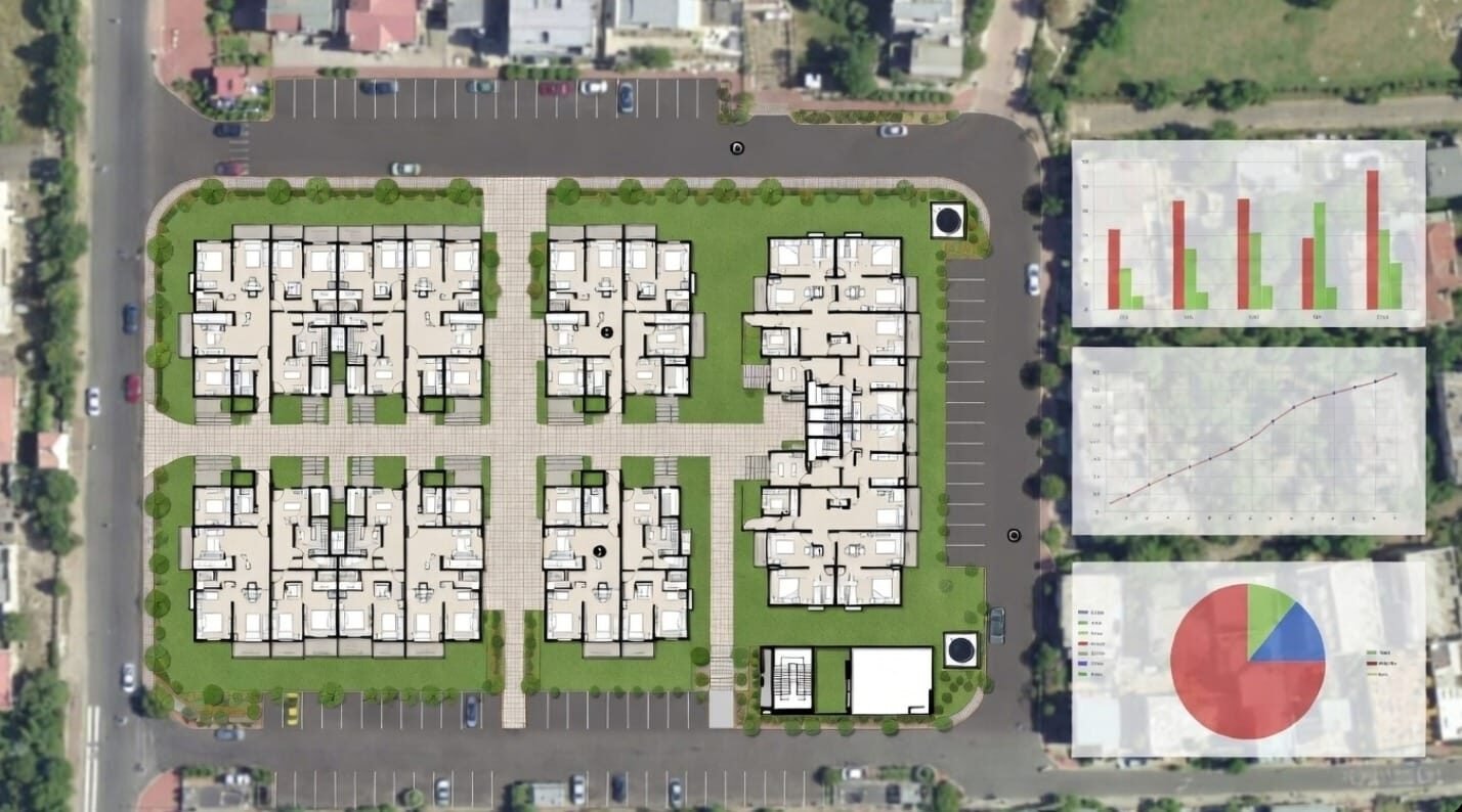 Architectural site plan with green spaces and statistical charts.