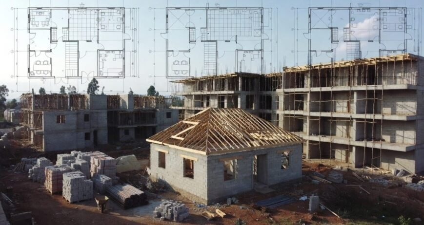 Construction Site Floor Plans Construction site with building plans overlayed on structures.