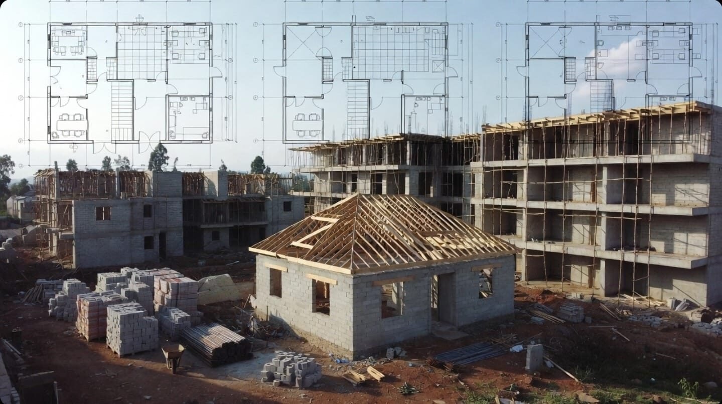 Construction site with building plans overlayed on structures.