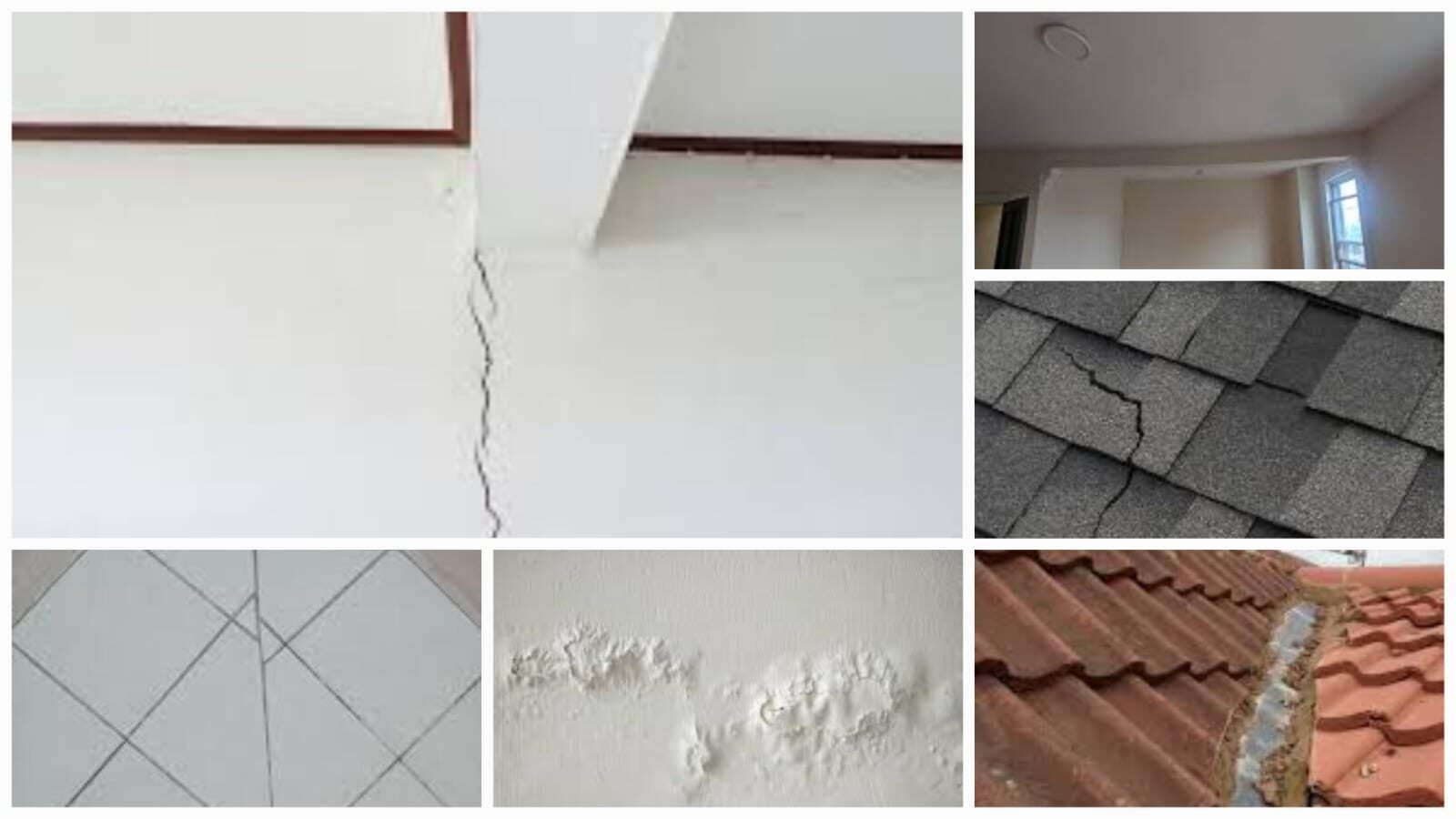 Visible cracks and damage on walls and roofs.