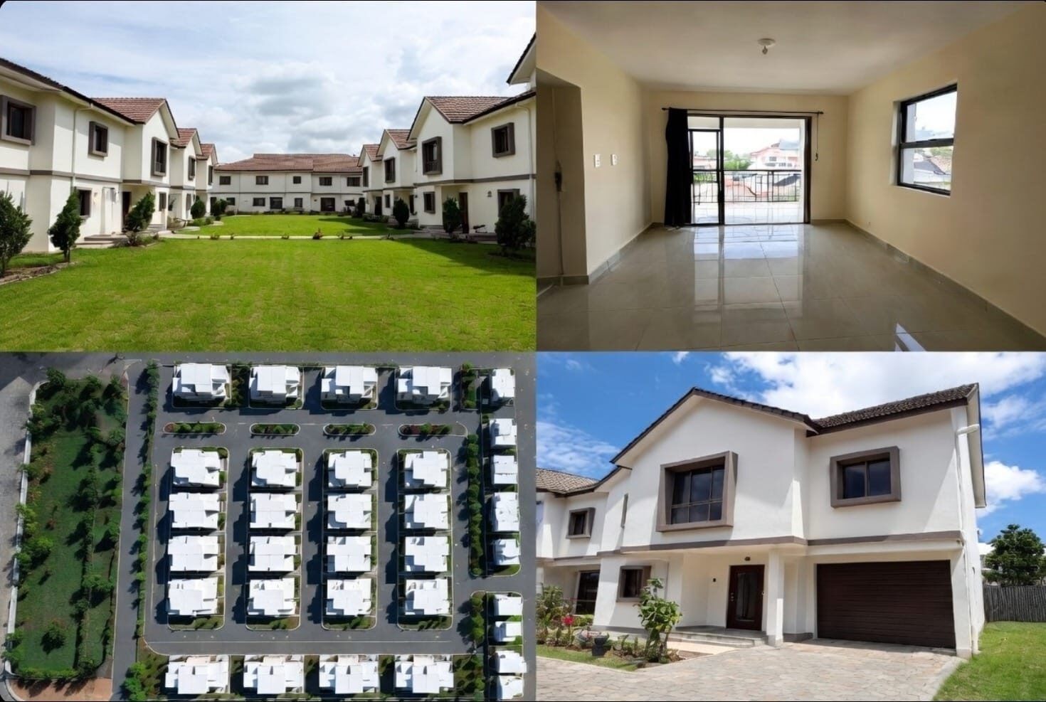 Modern housing complex with green lawn and spacious interiors.