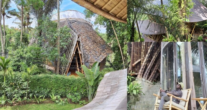 Bamboo Haven Unique bamboo architecture surrounded by lush greenery in a tropical setting.