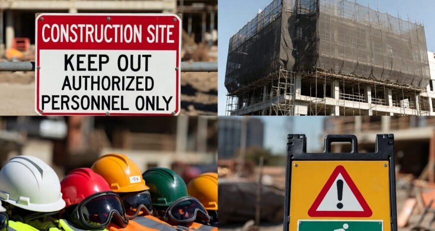 Construction Site Gear Warning Safety gear and warning signs at a construction site.