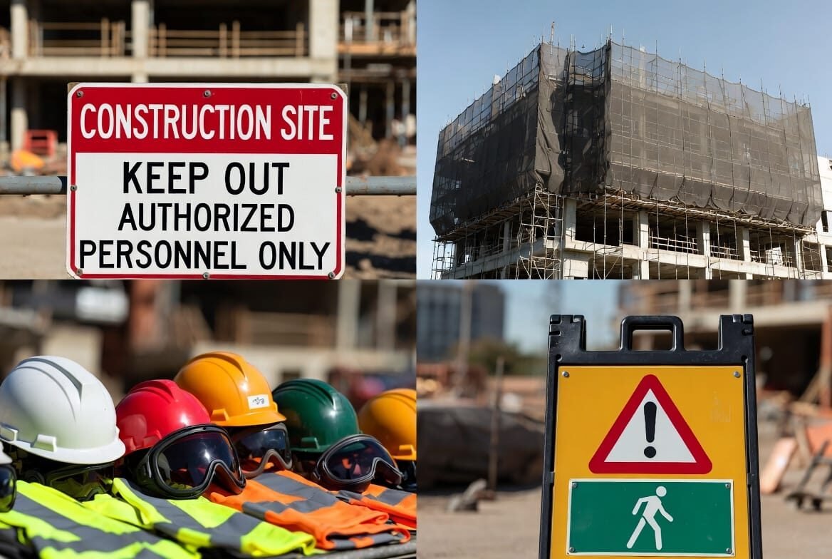 Safety gear and warning signs at a construction site.