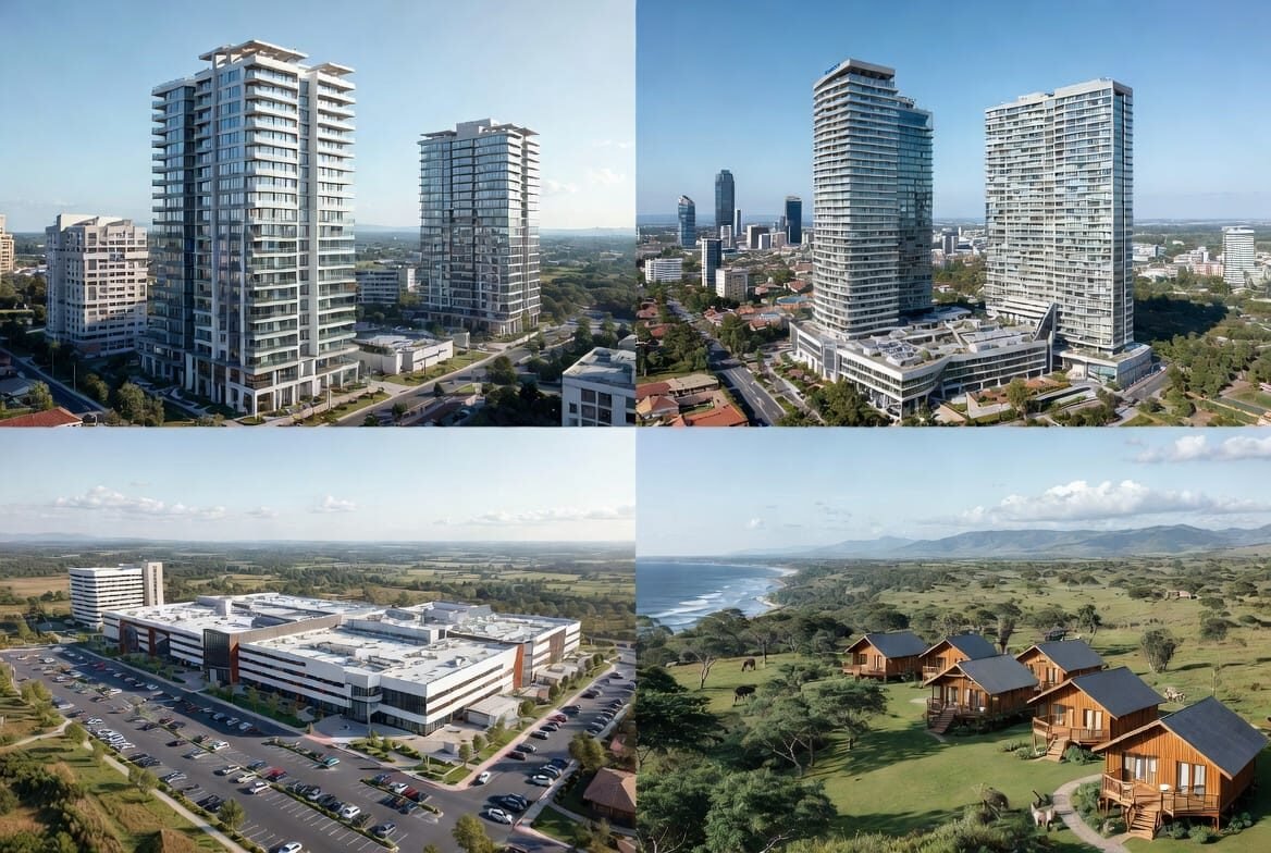Aerial view of modern buildings and natural landscape.