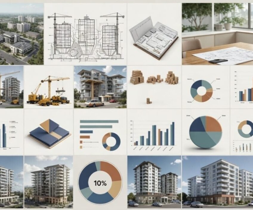 Collage of architectural designs, construction plans, and graphs.