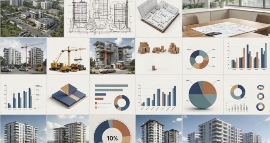 Collage of architectural designs, construction plans, and graphs.