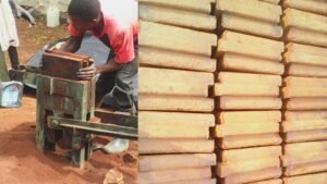 Worker operating a machine to make bricks.