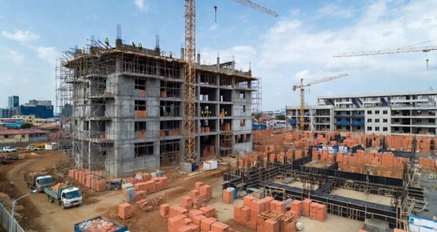 Construction Site Building Project Construction site with buildings and cranes in progress.