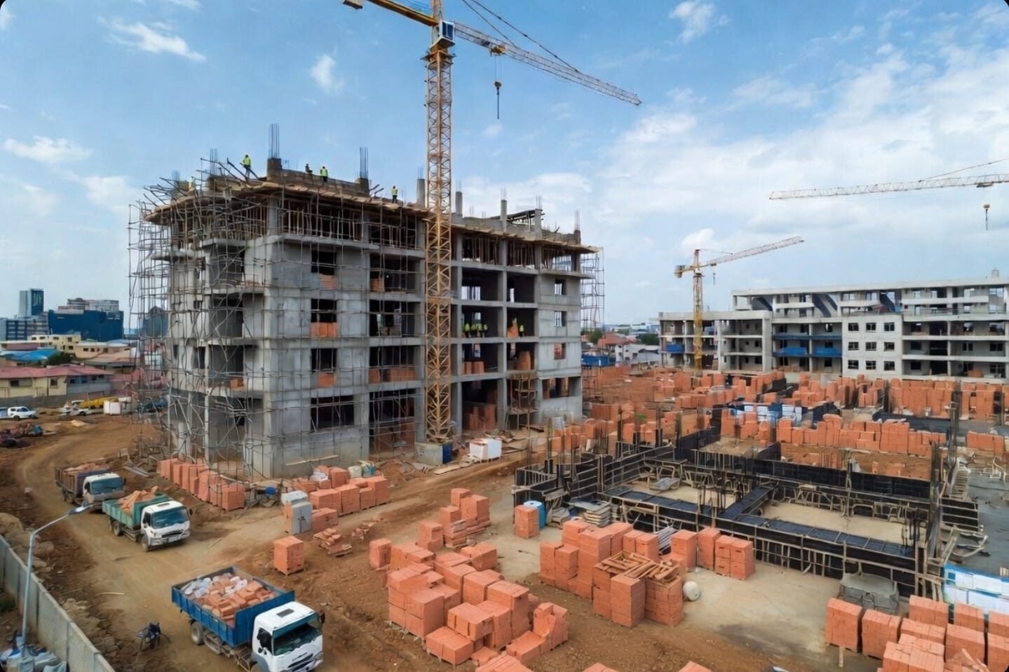 Construction site with buildings and cranes in progress.