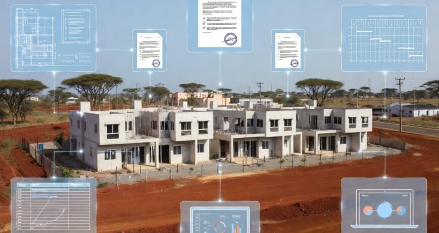 Construction Site Data Visualization Modern construction site integrated with digital project management tools.
