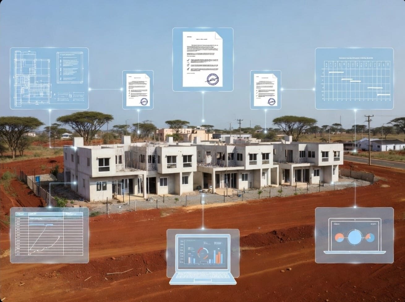 Modern construction site integrated with digital project management tools.
