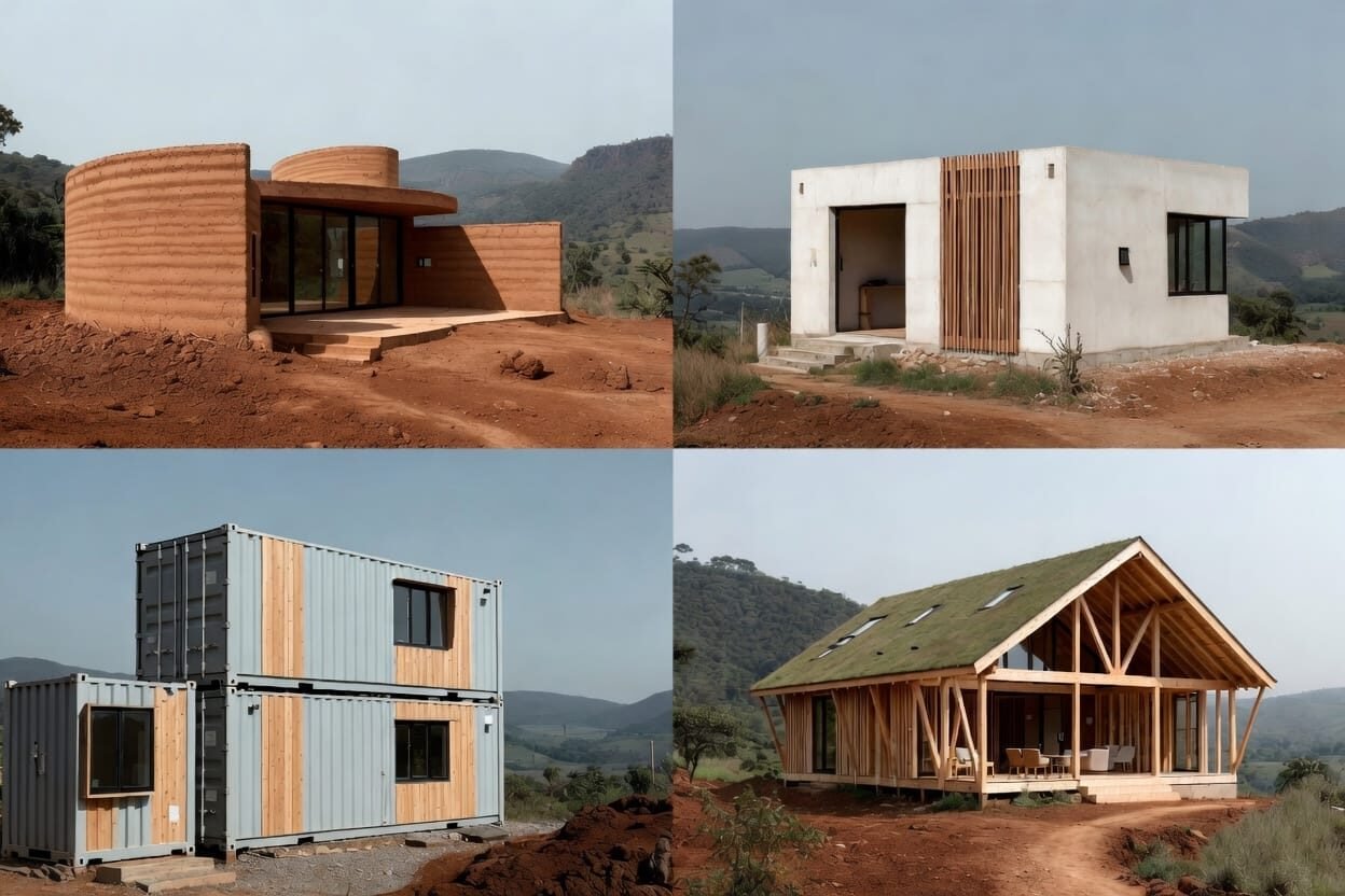 Four unique architectural housing designs in a natural landscape.