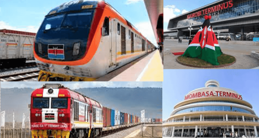Kenyan train stations with flag and freight trains.