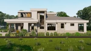 A modern house with a spacious front yard and greenery.