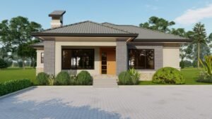 A modern single-story house with a landscaped garden.