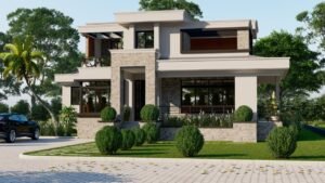 Contemporary house with stone accents and lush landscaping