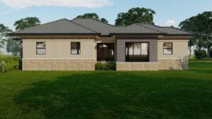 Modern house exterior with stone and brick elements.