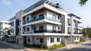Stylish modern apartment building with multiple balconies and greenery.