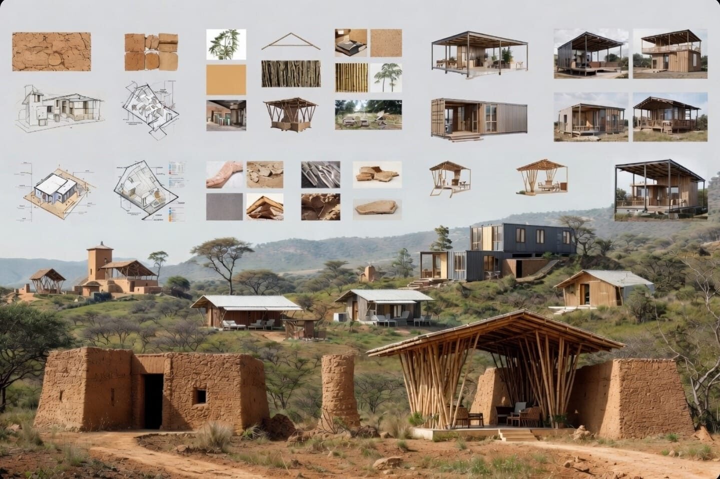 Collection of modern architectural designs in a natural setting.