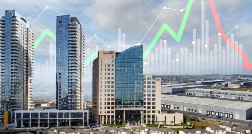 Modern Buildings Market Trends Skyline with modern buildings and market trend graphs.