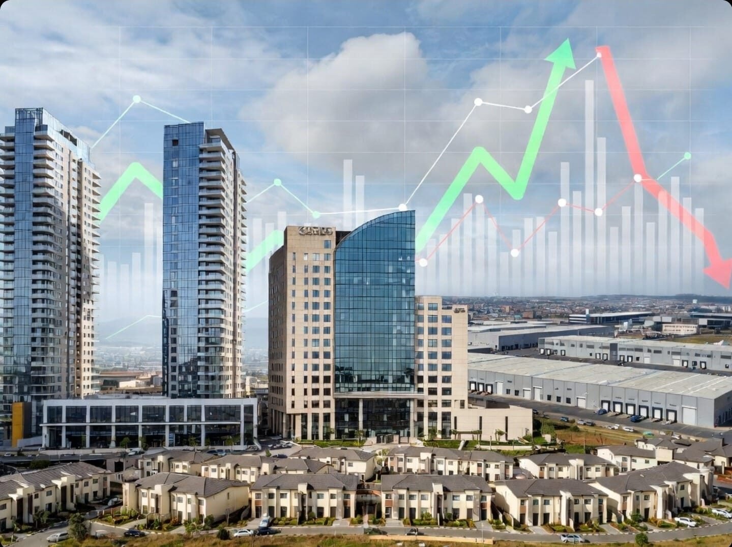 Skyline with modern buildings and market trend graphs.
