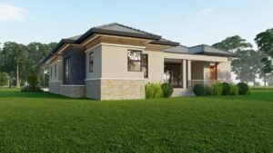 A modern house with a landscaped yard and stone accents.