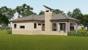 A modern house with stone and brick exterior in a garden.
