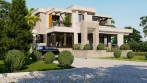 Modern house surrounded by greenery and a stylish driveway.
