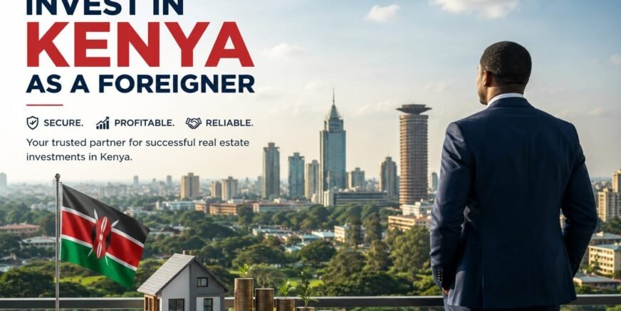 Invest In Kenya Foreigner A business person overlooking Nairobi's skyline promoting real estate investment.